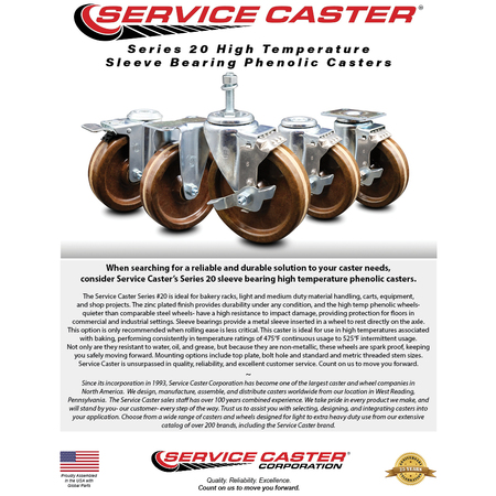 Service Caster 4 Inch High Temp Phenolic Wheel Swivel Top Plate Caster Set with 2 Brakes SCC SCC-20S414-PHSHT-2-TLB-2